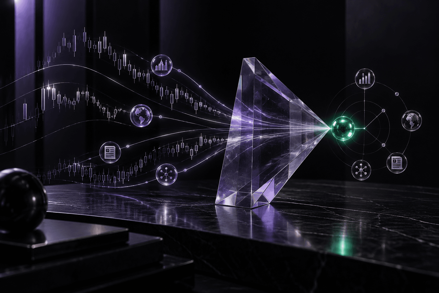 Abstract violet market paths converging through a glass prism into one green signal