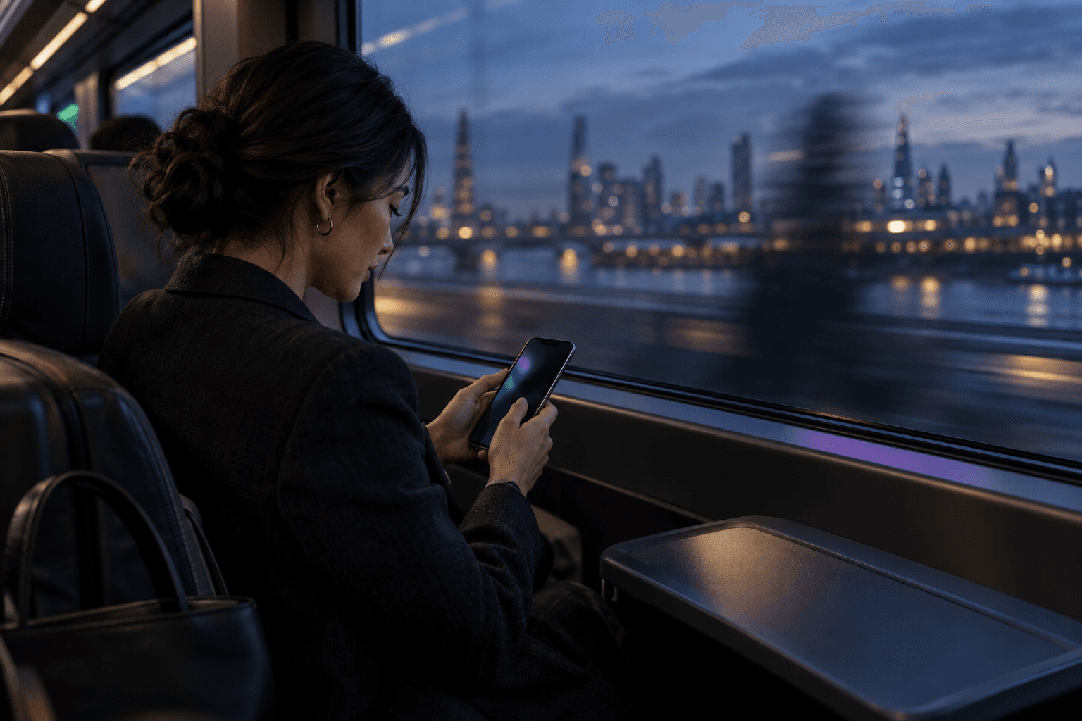 Market researcher using a phone during a blue-hour train commute